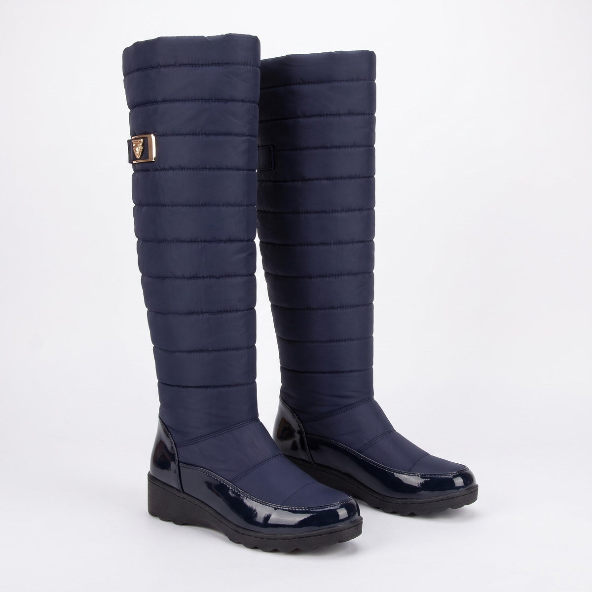 Isla - Women's Knee High Wedge Snow Boots with Buckle Strap - Boots - Navy - Davies & Cooper