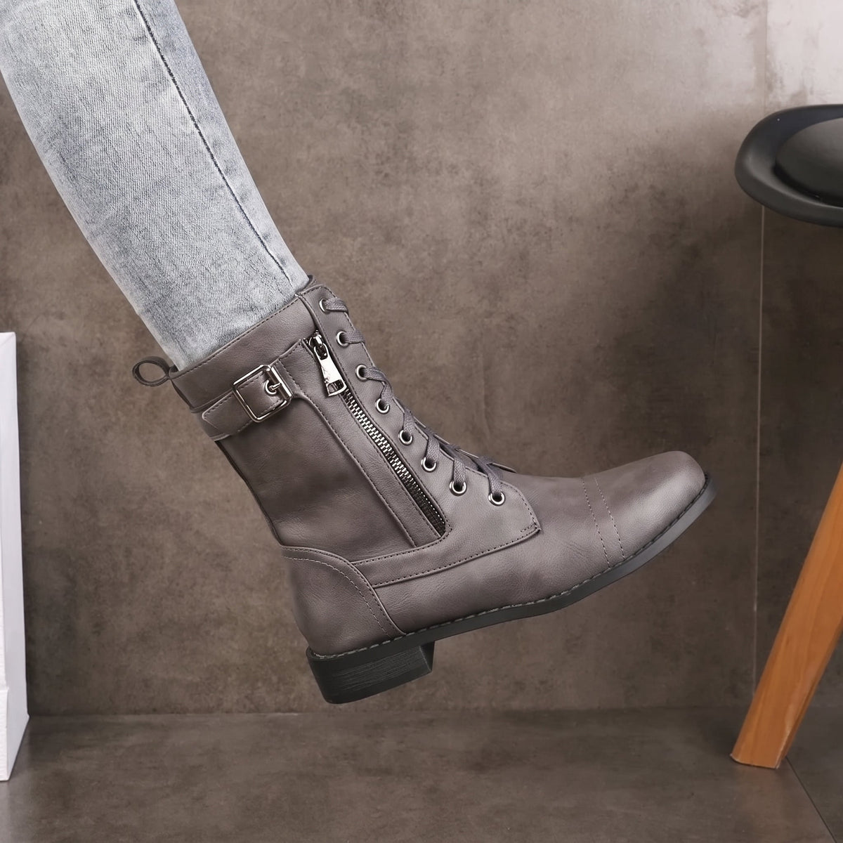 Isla - Women's Lace-Up Mid-Calf Boots with Buckle Strap - Boots - Grey - Davies & Cooper