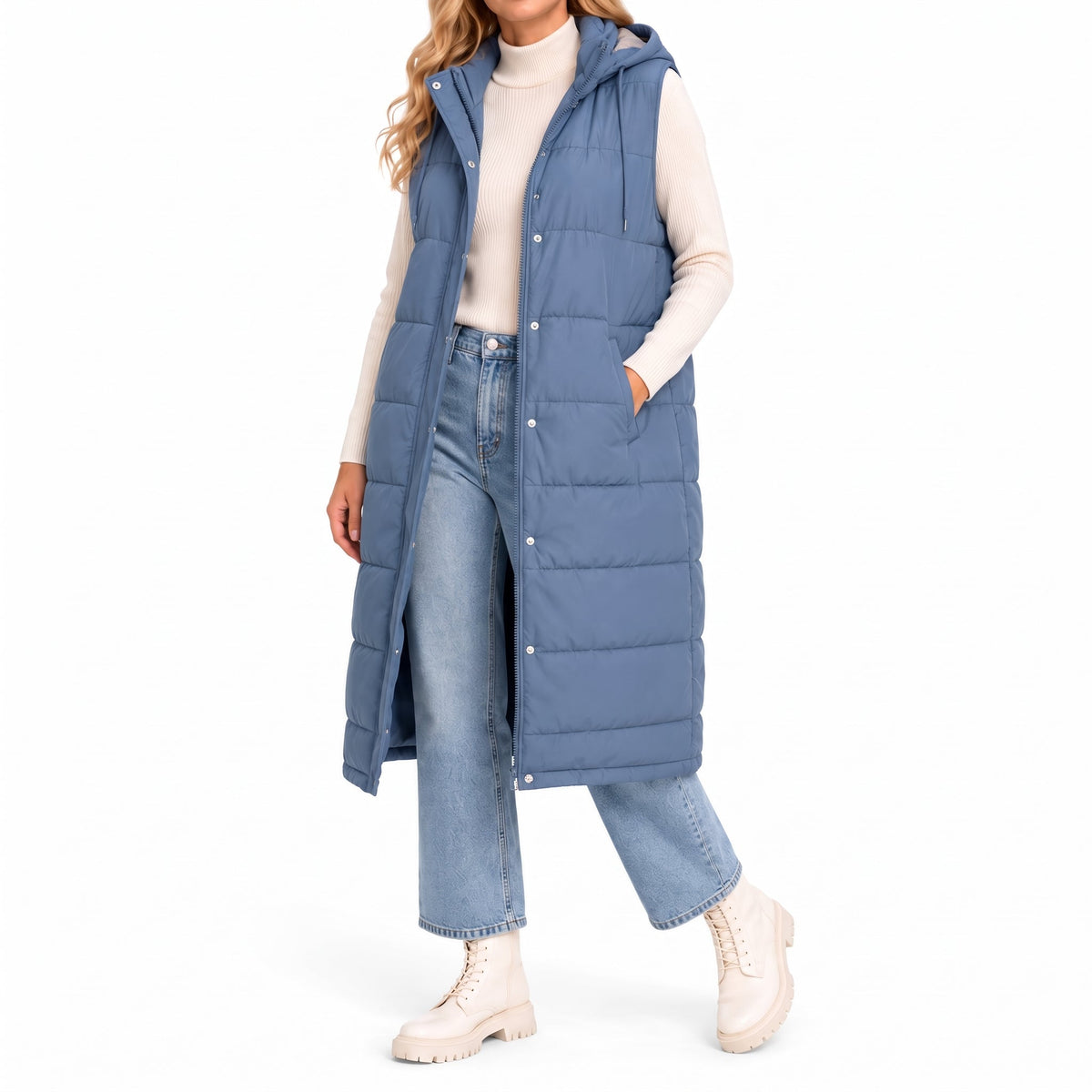 Isla - Women's Longline Hooded Puffer Gilet with Side Pockets - Vests - Blue - Davies & Cooper