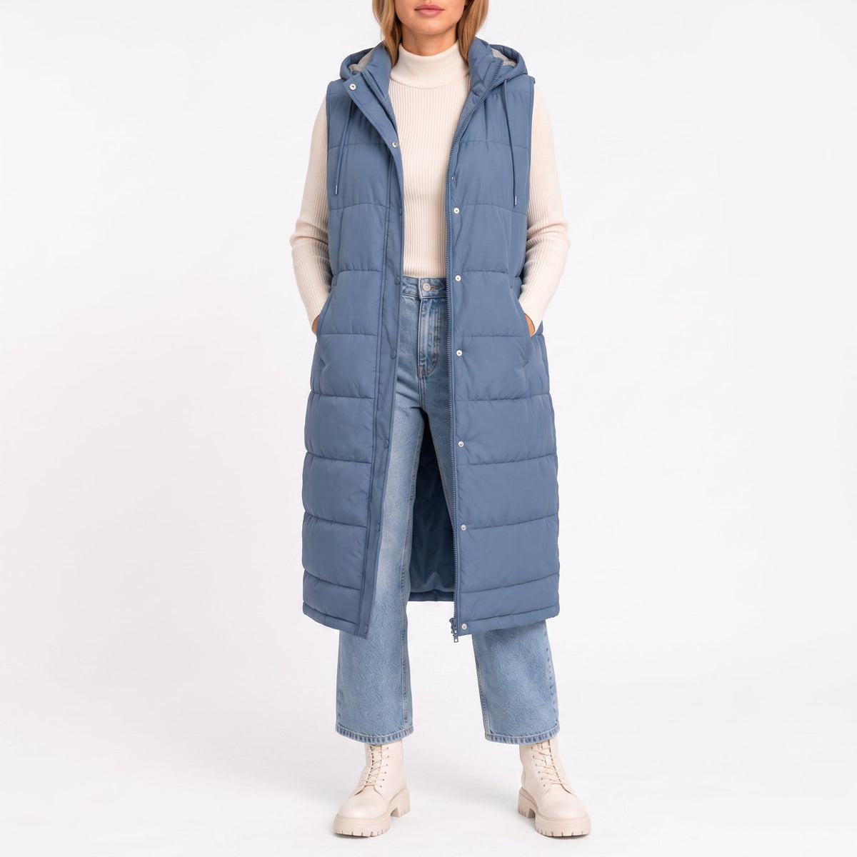 Isla - Women's Longline Hooded Puffer Gilet with Side Pockets - Vests - Blue - Davies & Cooper