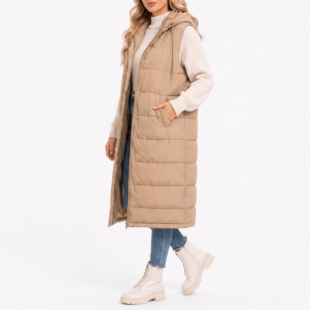 Isla - Women's Longline Hooded Puffer Gilet with Side Pockets - Vests - Beige - Davies & Cooper