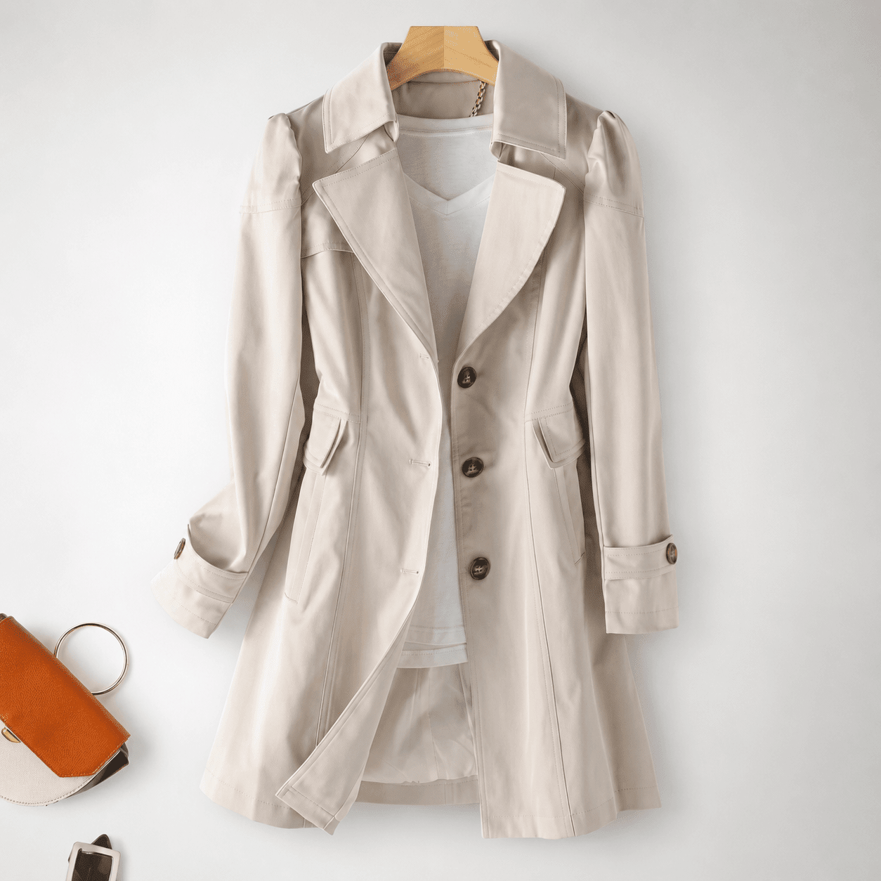 Isla - Women's Longline Tailored Trench Coat with Notch Lapel - Trench Coats - Beige - Davies & Cooper