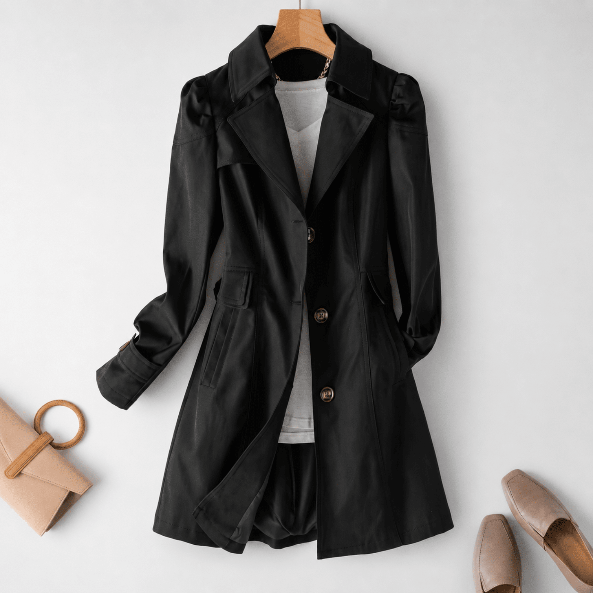Isla - Women's Longline Tailored Trench Coat with Notch Lapel - Trench Coats - Black - Davies & Cooper