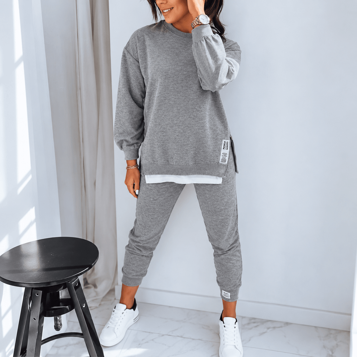 Isla - Women's Oversized Layered Hem Loungewear Set with Zip Pocket - Loungewear Sets - Grey - Davies & Cooper