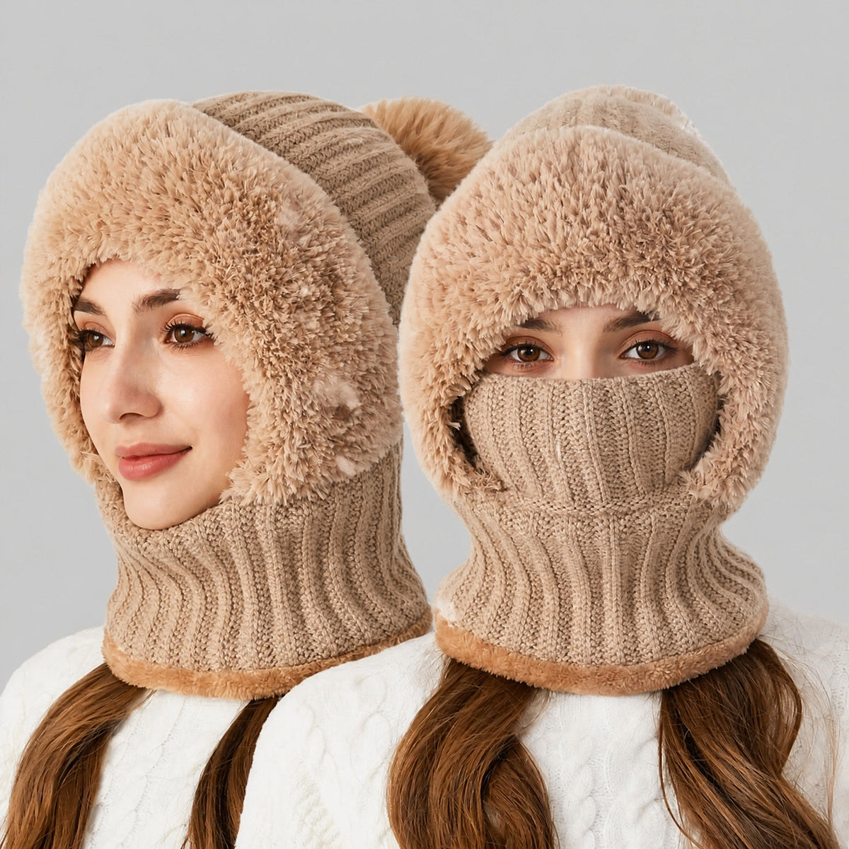 Isla - Women's Pom Pom Hooded Balaclava Hat with Neck Warmer - Balaclavas - Brown - Davies & Cooper
