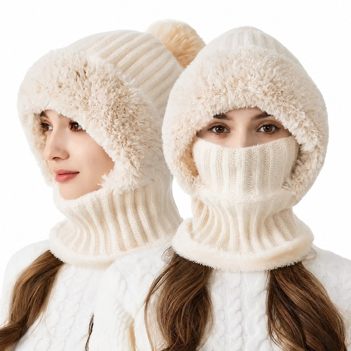 Isla - Women's Pom Pom Hooded Balaclava Hat with Neck Warmer - Balaclavas - Beige - Davies & Cooper