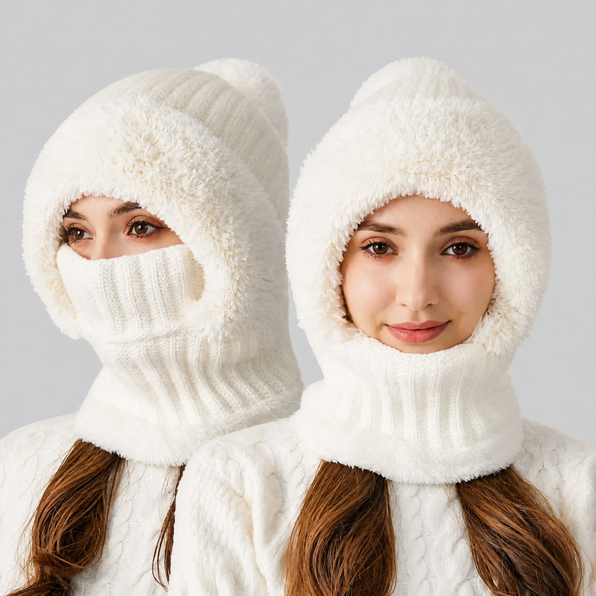 Isla - Women's Pom Pom Hooded Balaclava Hat with Neck Warmer - Balaclavas - White - Davies & Cooper