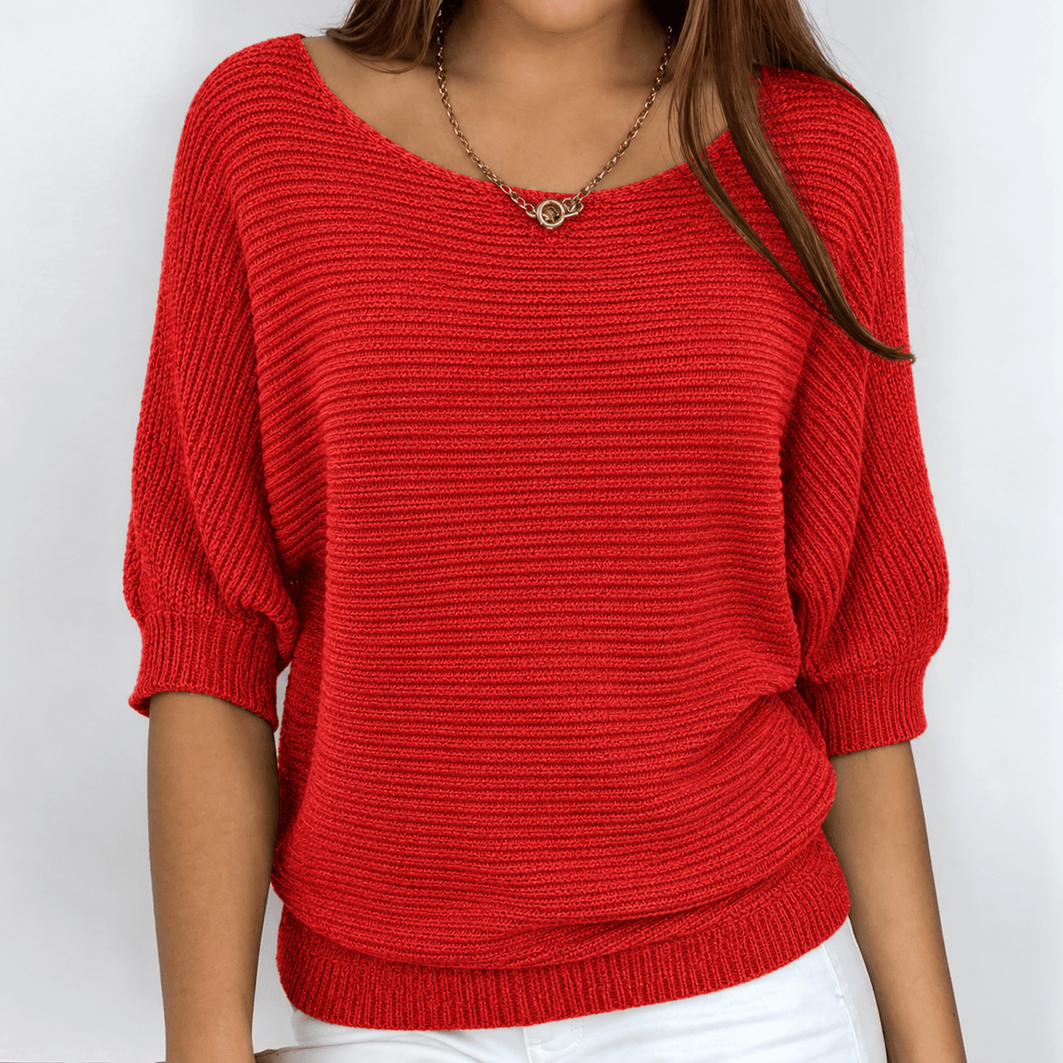 Isla - Women's Relaxed Fit Knit Jumper with Boat Neckline and Batwing Sleeves - Sweaters - Red - Davies & Cooper