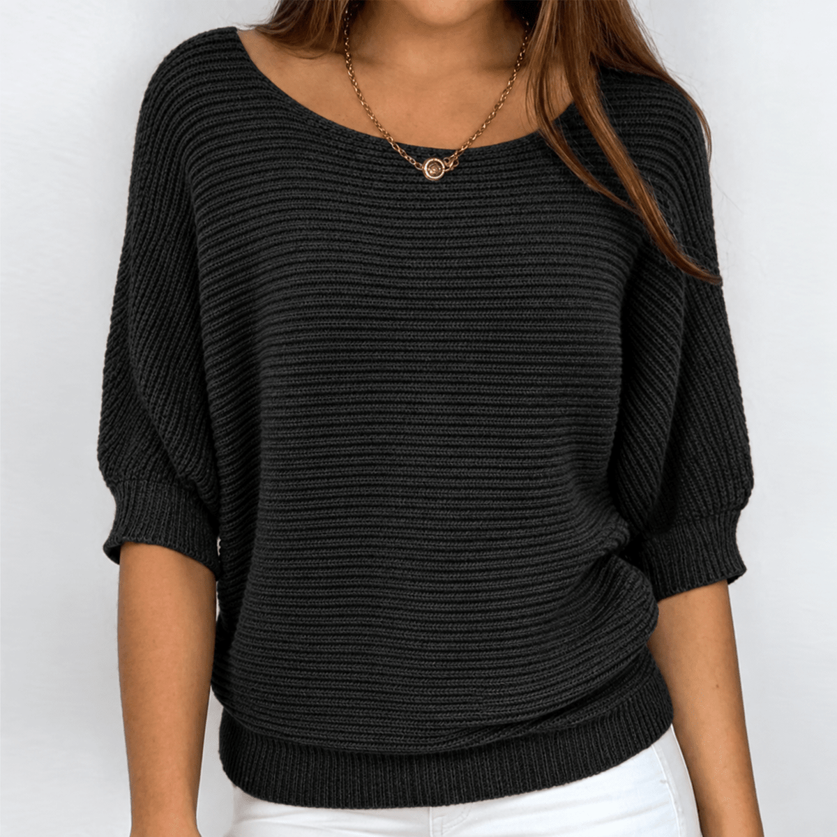 Isla - Women's Relaxed Fit Knit Jumper with Boat Neckline and Batwing Sleeves - Sweaters - Black - Davies & Cooper