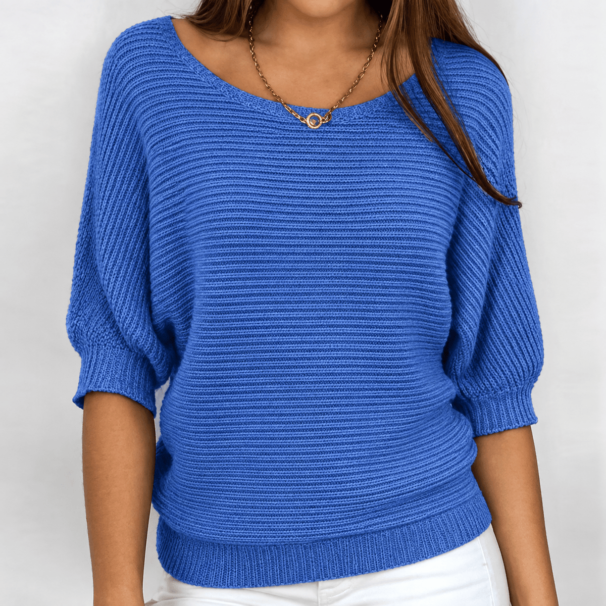 Isla - Women's Relaxed Fit Knit Jumper with Boat Neckline and Batwing Sleeves - Sweaters - Blue - Davies & Cooper