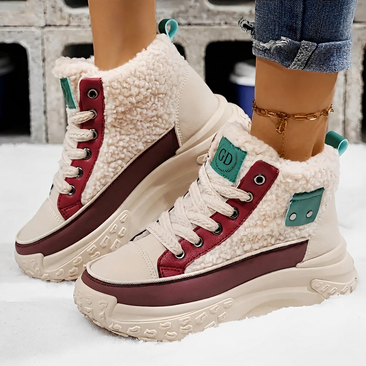 Isla - Women's Shearling Trim High-Top Trainers Boots - Boots - Red - Davies & Cooper