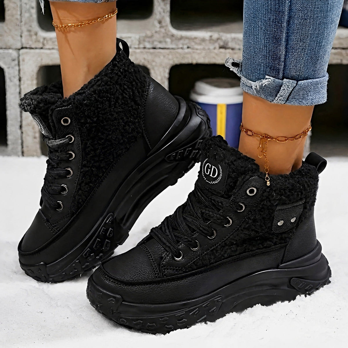 Isla - Women's Shearling Trim High-Top Trainers Boots - Boots - Black - Davies & Cooper