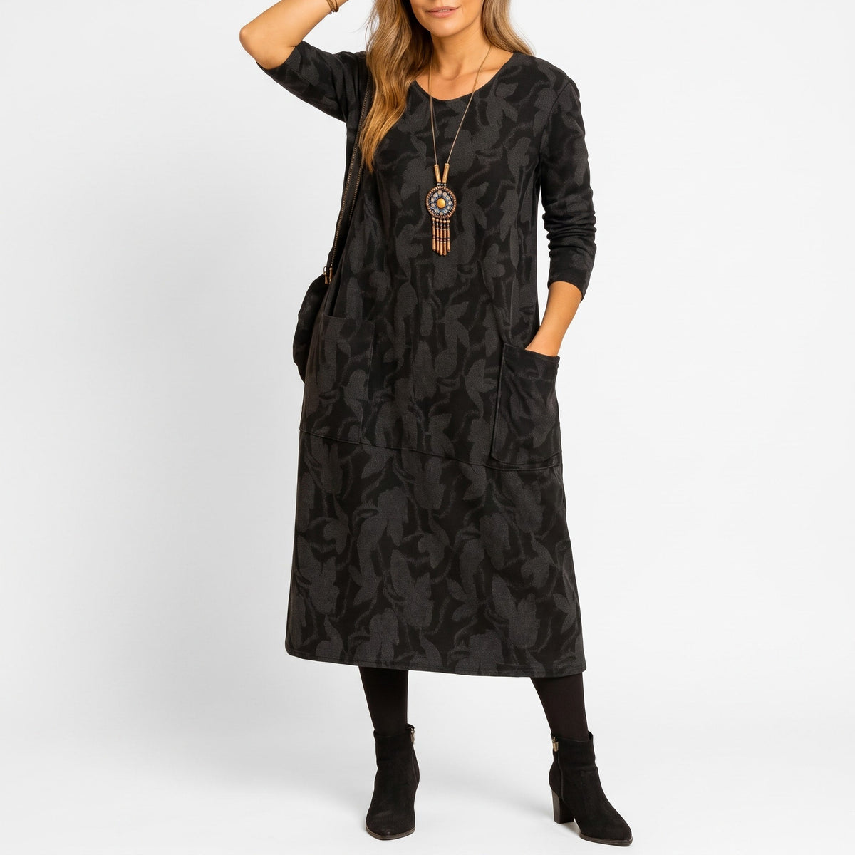 Isla - Women's Winter Jacquard Midi Dress with Pockets - Dresses - Black - Davies & Cooper