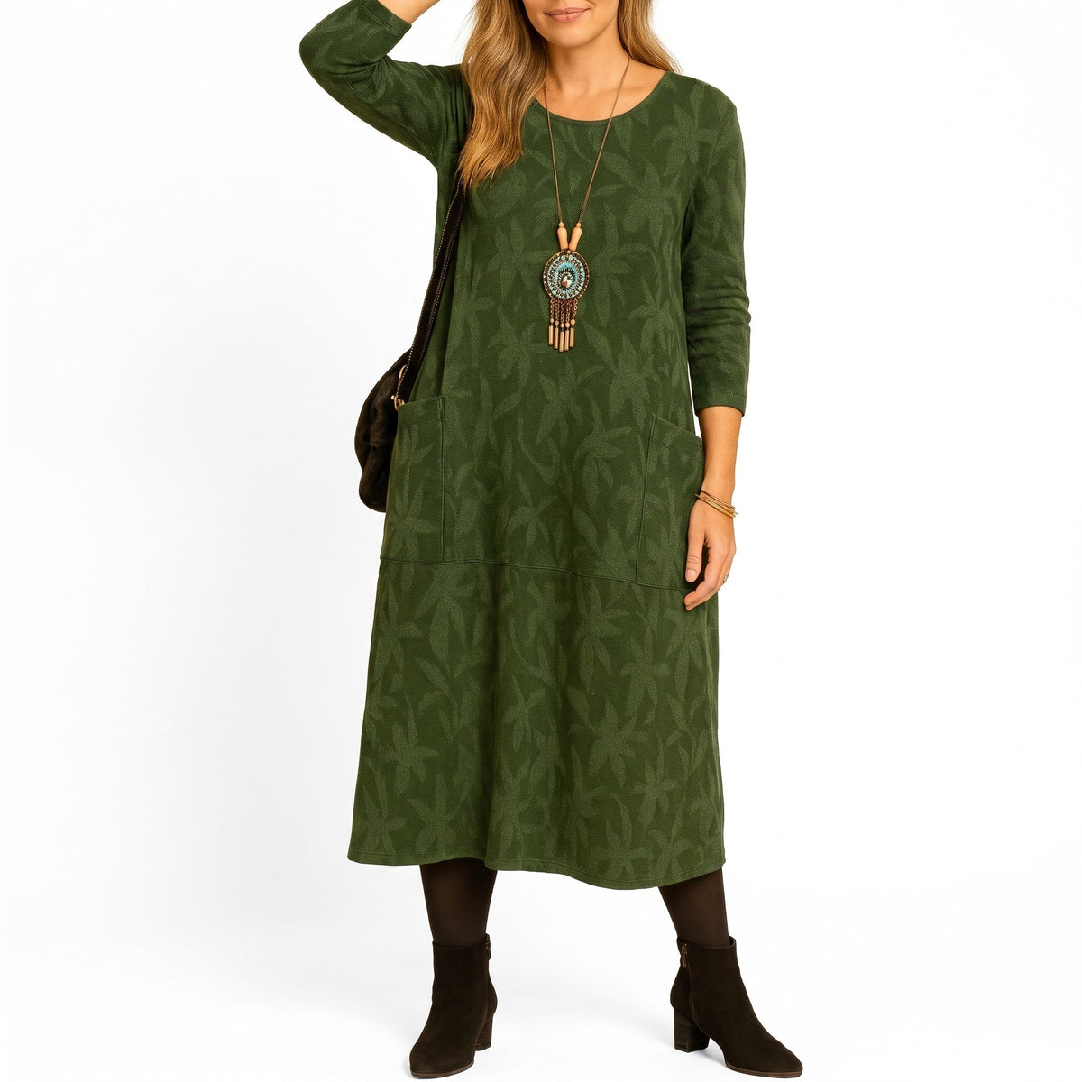 Isla - Women's Winter Jacquard Midi Dress with Pockets - Dresses - Green - Davies & Cooper