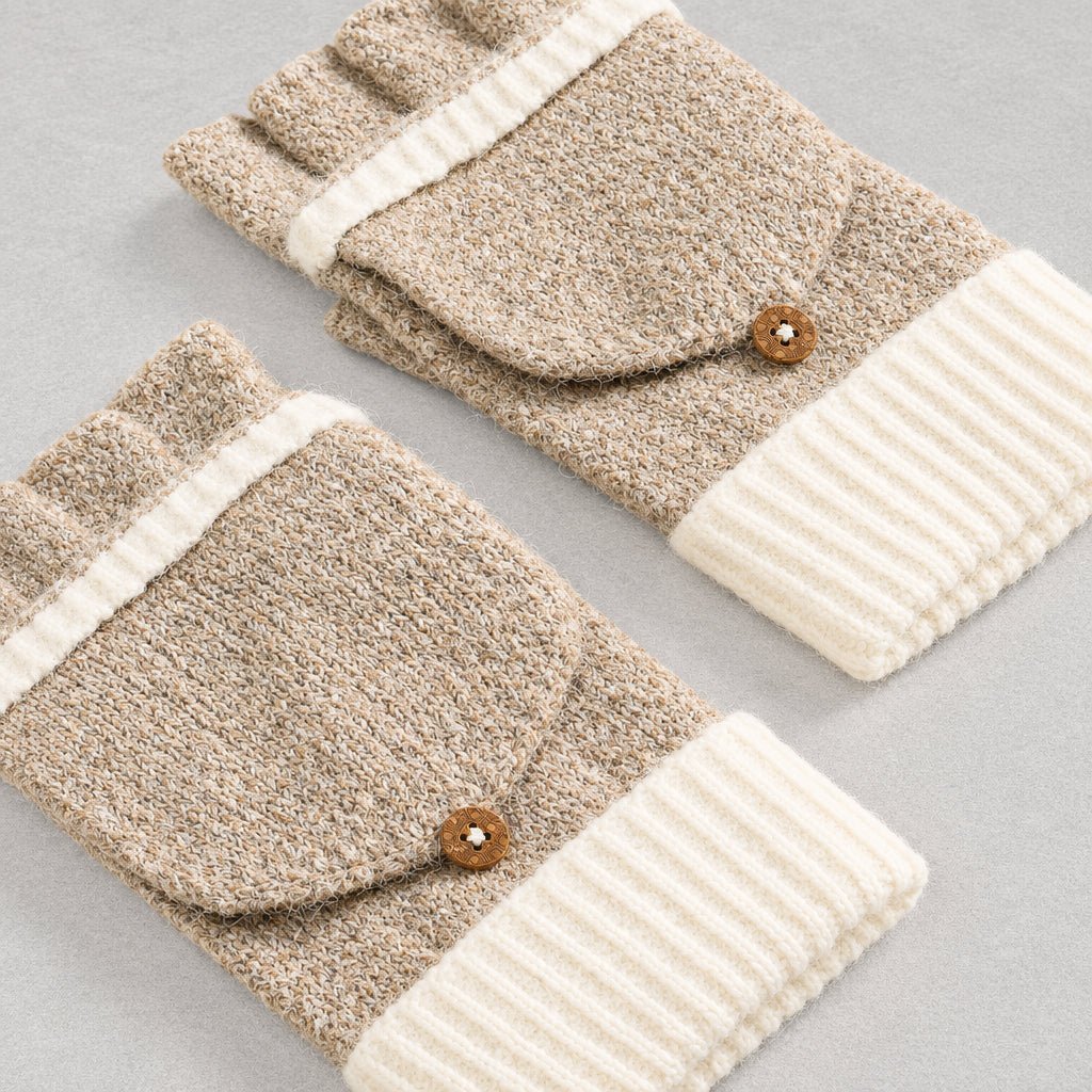 Ivy - Women's Convertible Flip-Top Fingerless Mittens with Button Strap - Cover Ups - Beige - Davies & Cooper