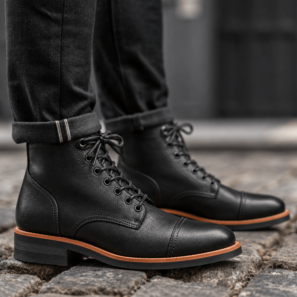 Jack - Men's Lace-Up Leather Ankle Boots with Cap Toe - Boots - Black - Davies & Cooper