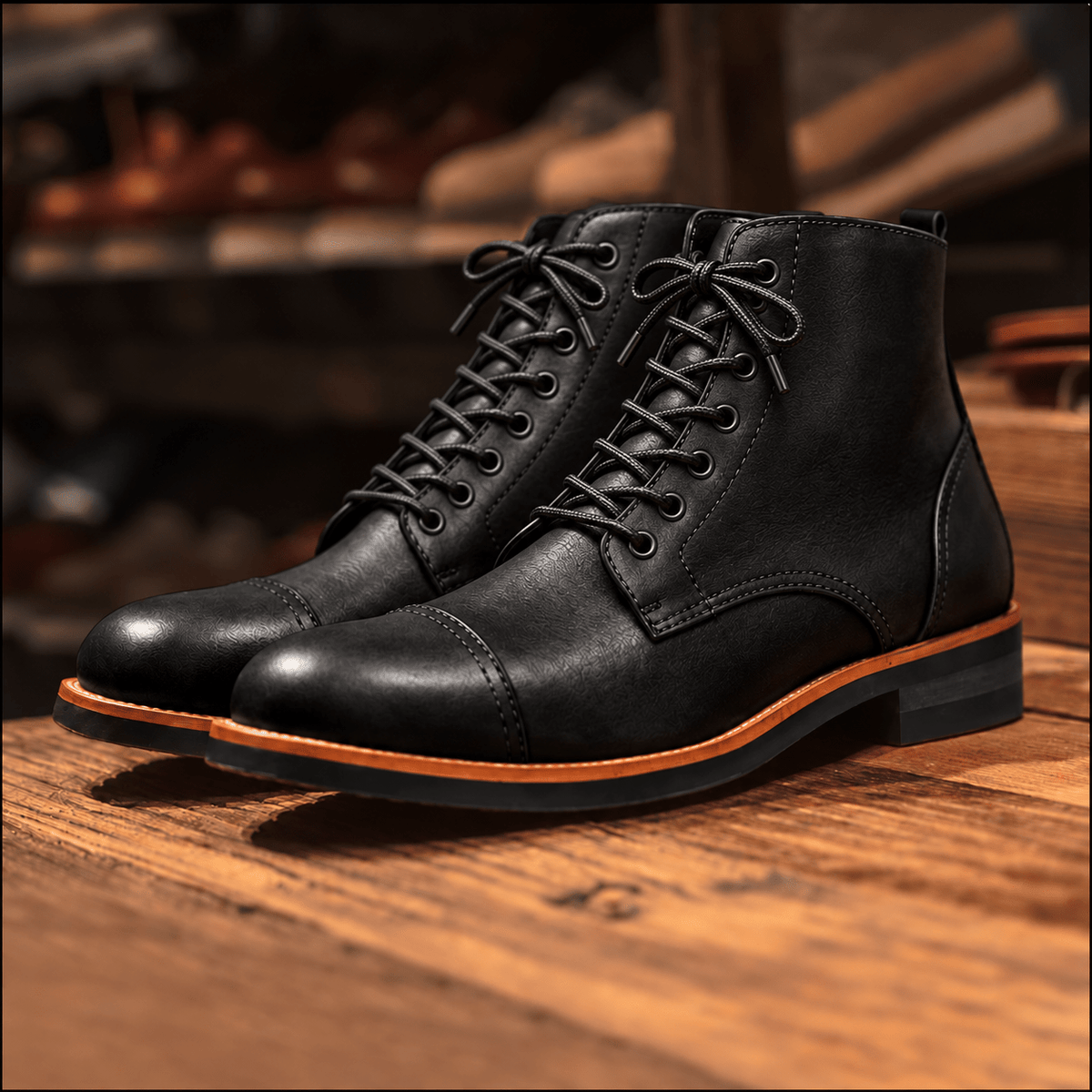 Jack - Men's Lace-Up Leather Ankle Boots with Cap Toe - Boots - Black - Davies & Cooper