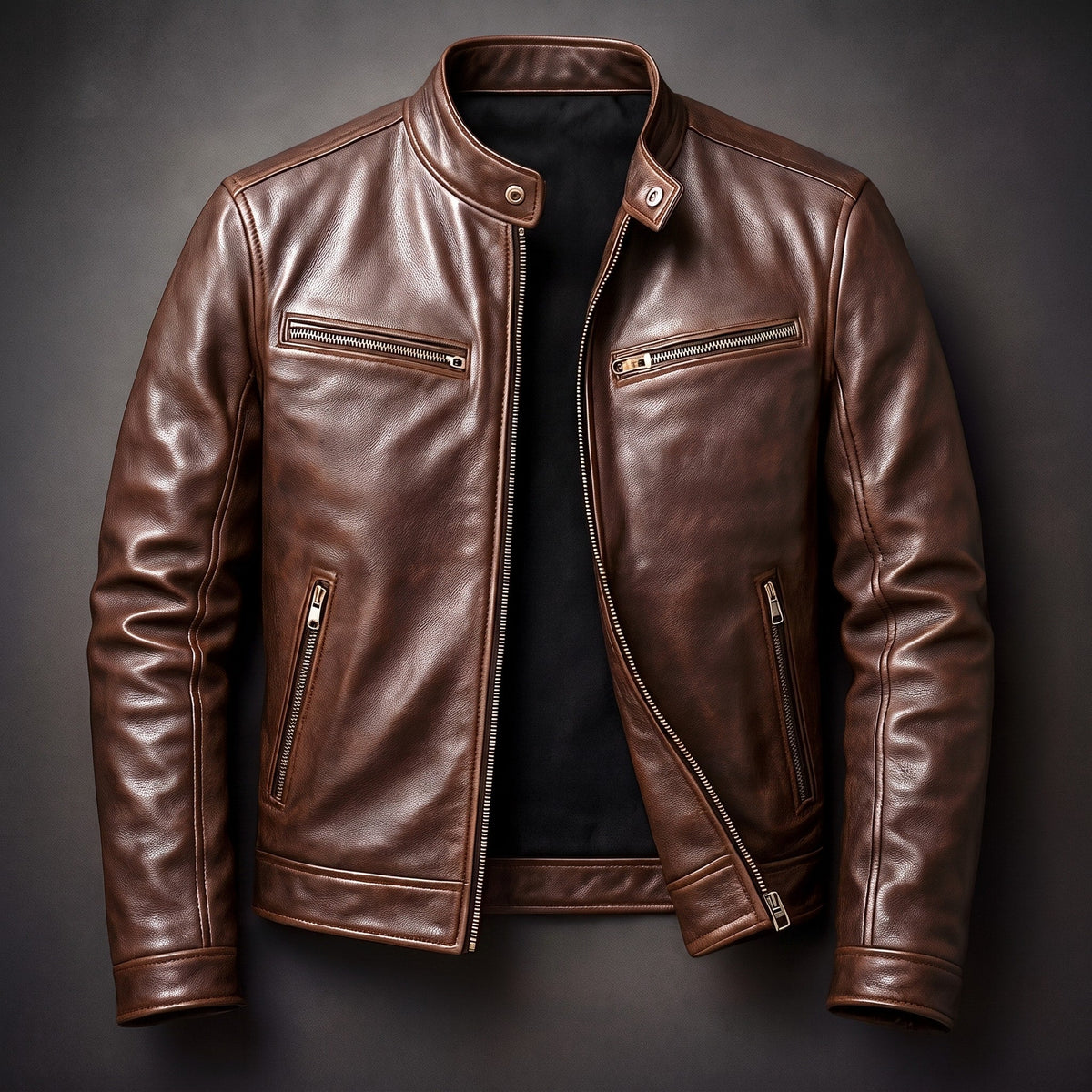 Jack - Men's Leather Biker Jacket with Zip Pockets and Snap Collar - Motorcycle Outerwear - Black - Davies & Cooper