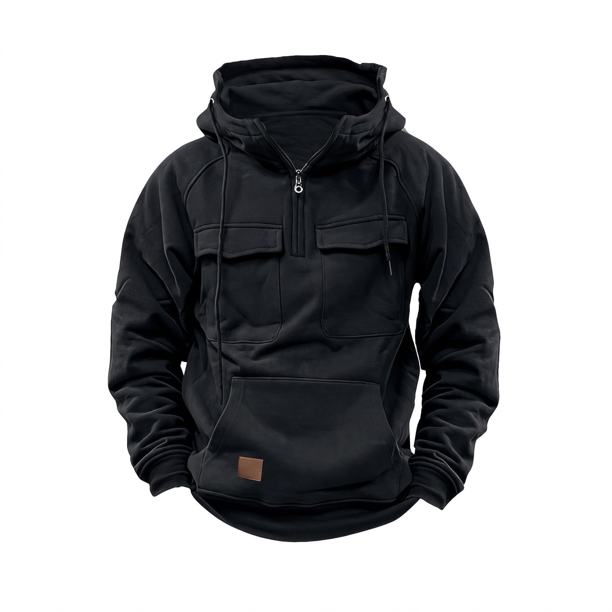 Jack - Men's Quilted Utility Hoodie with Funnel Neck and Half-Zip - Hoodies - Black - Davies & Cooper