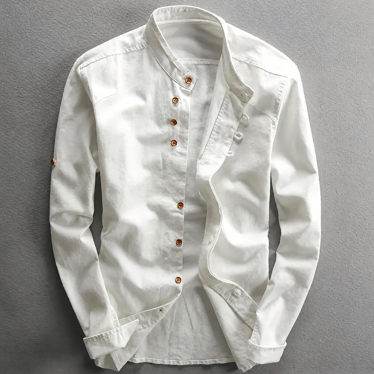 James - Men's Casual Grandad Collar Shirt with Button Placket - Shirts - White - Davies & Cooper