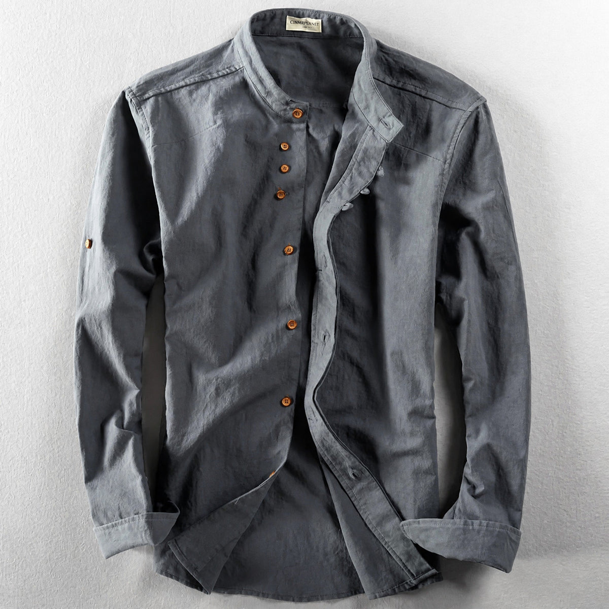 James - Men's Casual Grandad Collar Shirt with Button Placket - Shirts - Dark Grey - Davies & Cooper