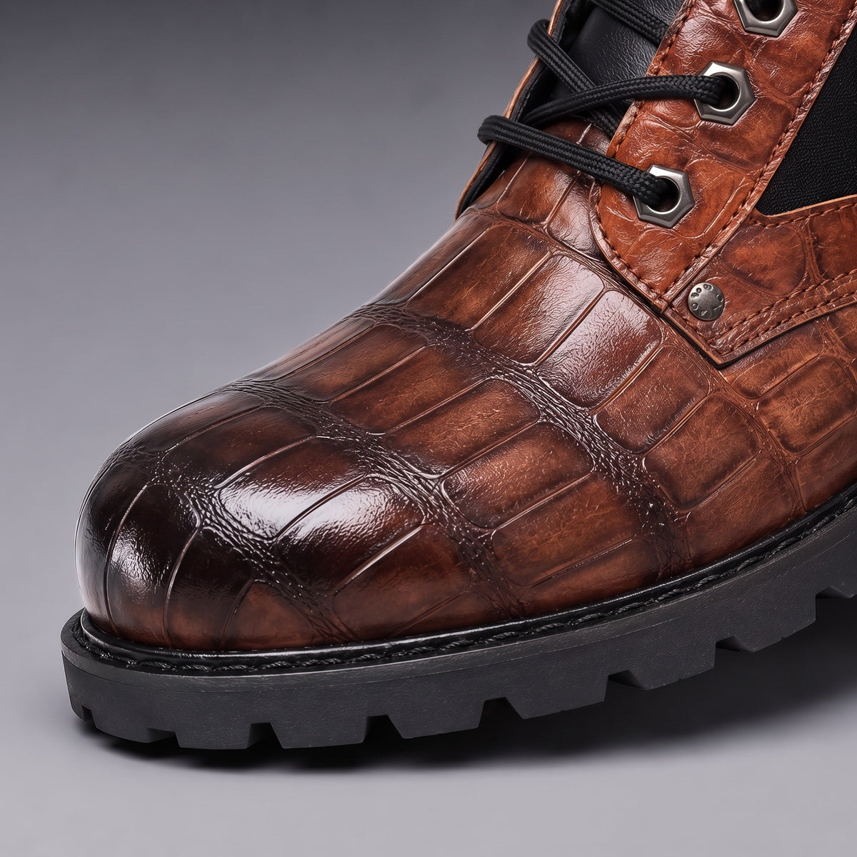 James - Men's Croc-Embossed Lace-Up Ankle Boots with Contrast Panel - Boots - Brown - Davies & Cooper