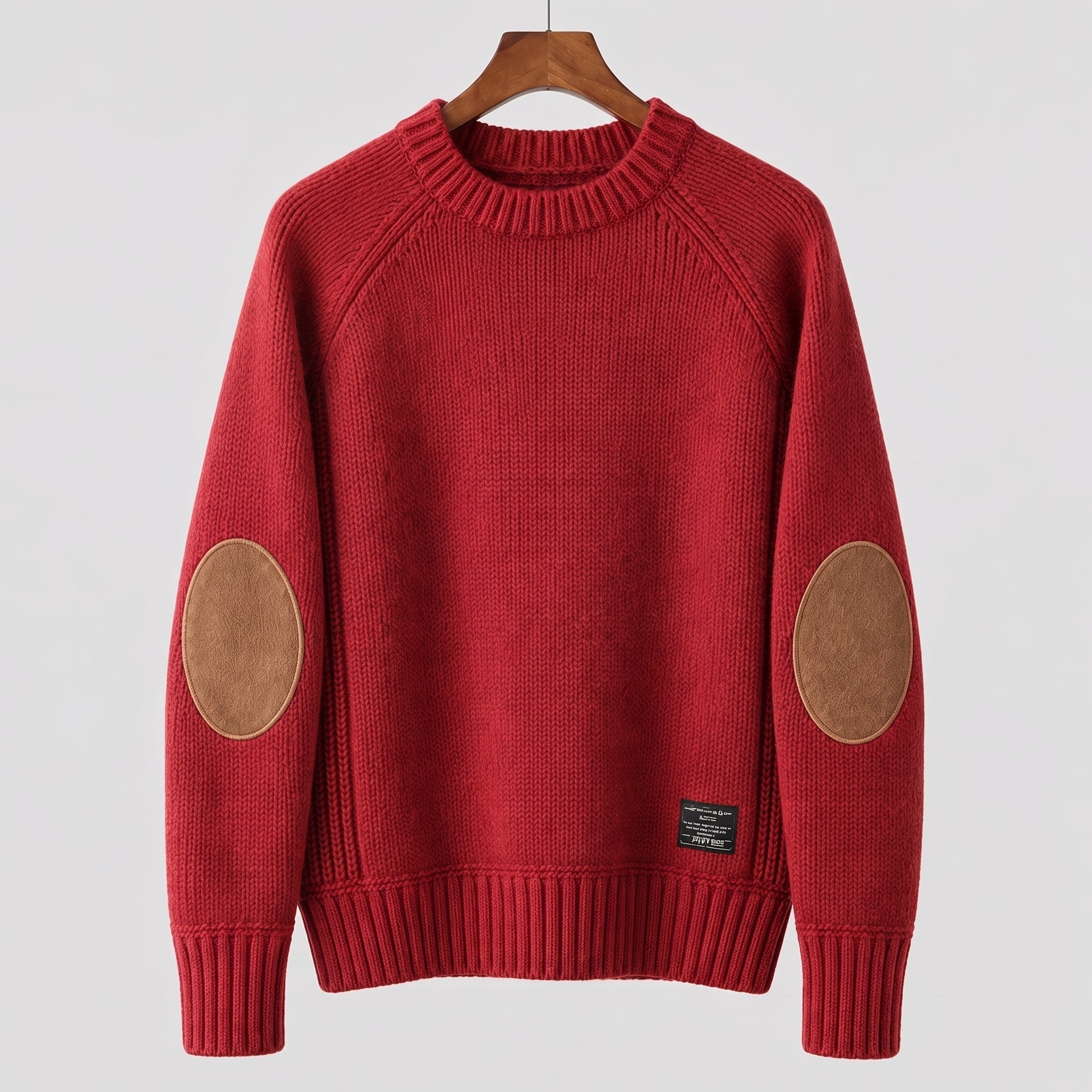 James - Men's Elbow Patch Knitted Jumper with Ribbed Trim - Sweaters - Red - Davies & Cooper