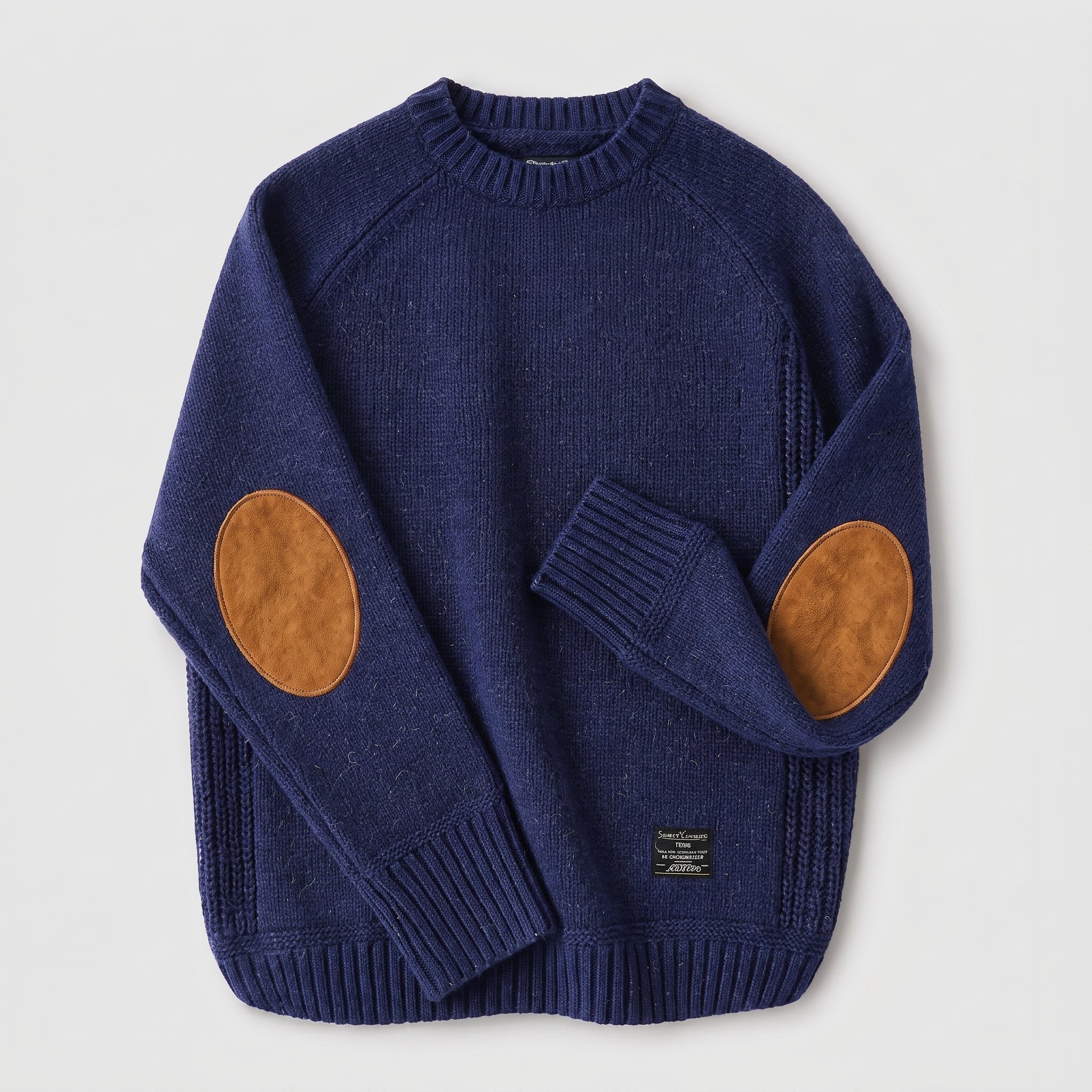 James - Men's Elbow Patch Knitted Jumper with Ribbed Trim - Sweaters - Blue - Davies & Cooper