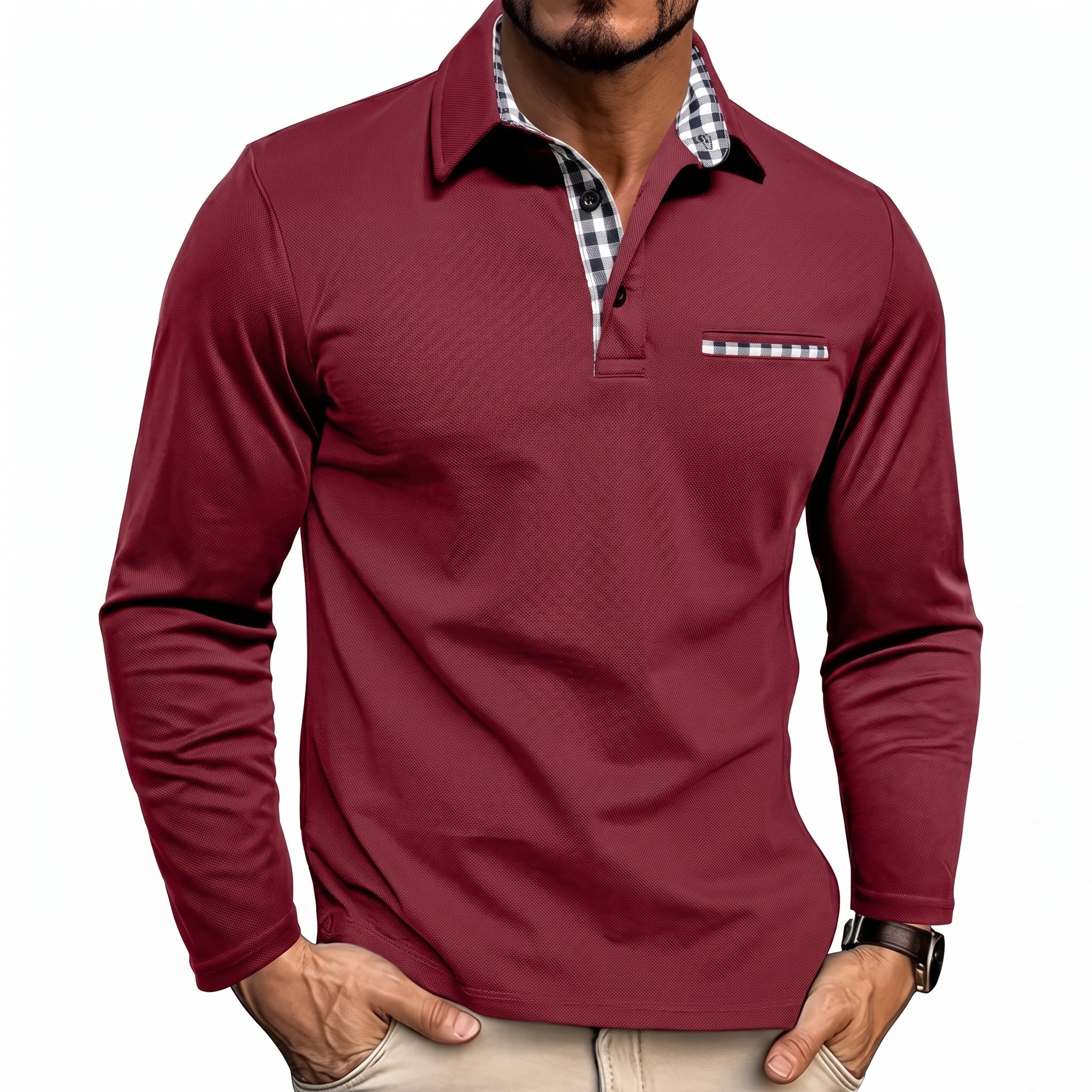 James - Men's Long Sleeve Check Collar Polo Shirt - Polos - Red - Davies & Cooper