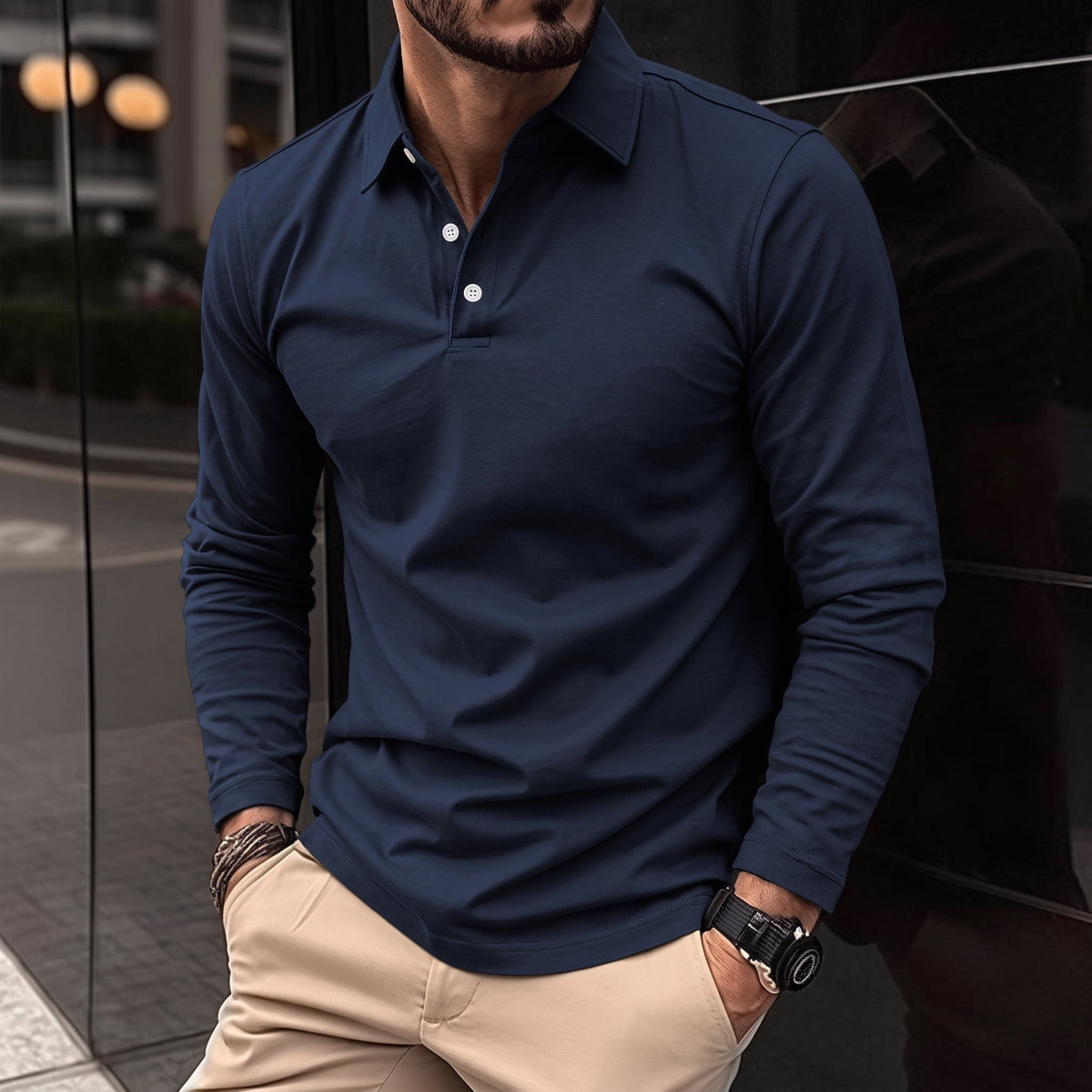 James - Men's Long Sleeve Slim Fit Polo Shirt with Collared Button Placket - Polos - Navy Blue - Davies & Cooper