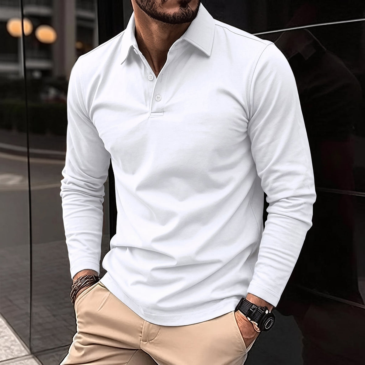 James - Men's Long Sleeve Slim Fit Polo Shirt with Collared Button Placket - Polos - White - Davies & Cooper