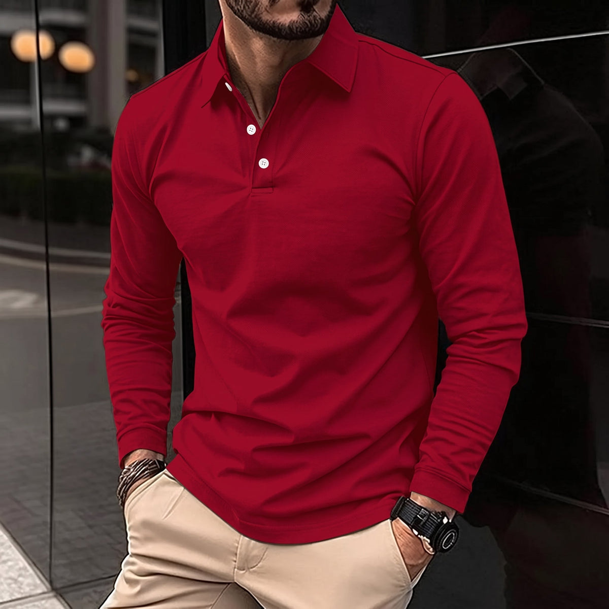 James - Men's Long Sleeve Slim Fit Polo Shirt with Collared Button Placket - Polos - Red - Davies & Cooper