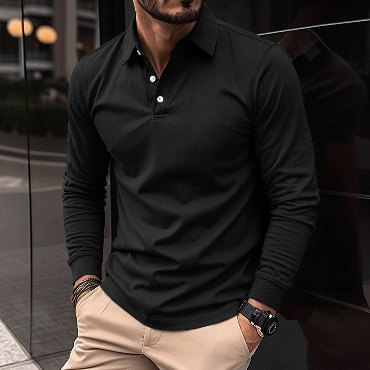 James - Men's Long Sleeve Slim Fit Polo Shirt with Collared Button Placket - Polos - Black - Davies & Cooper