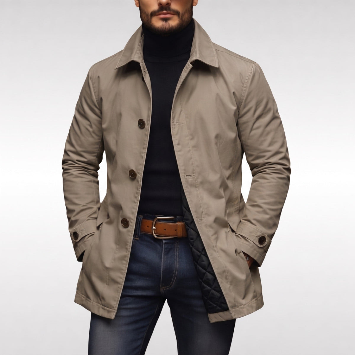 James - Men's Longline Mac Coat with Point Collar and Button Front - Coats & Jackets - Beige - Davies & Cooper