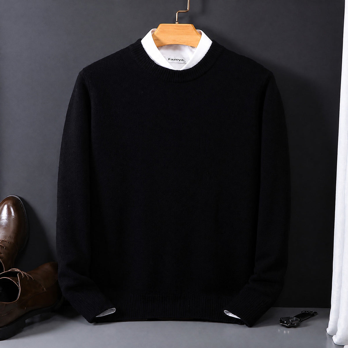 James - Men's Mock Neck Layered Collar Knit Jumper - Sweaters - Black - Davies & Cooper