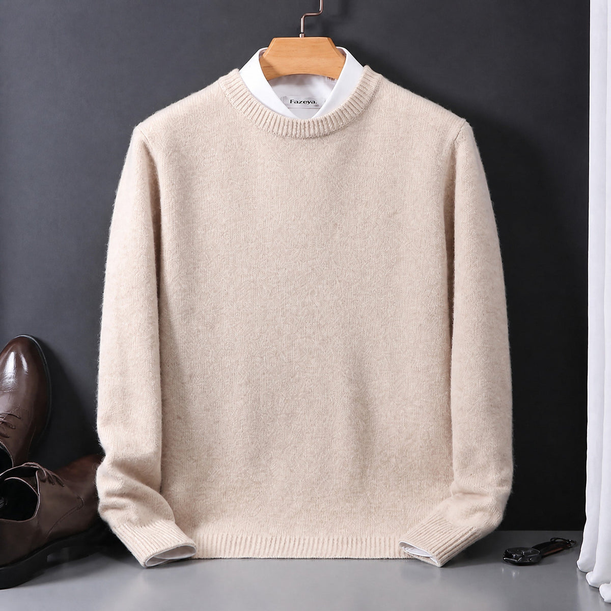 James - Men's Mock Neck Layered Collar Knit Jumper - Sweaters - Beige - Davies & Cooper
