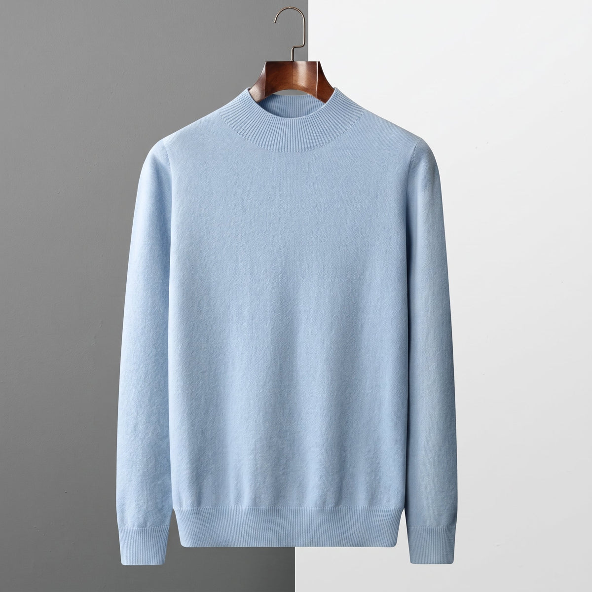 James - Men's Mock Neck Wool Jumper with Ribbed Cuffs - Sweaters - Sky Blue - Davies & Cooper