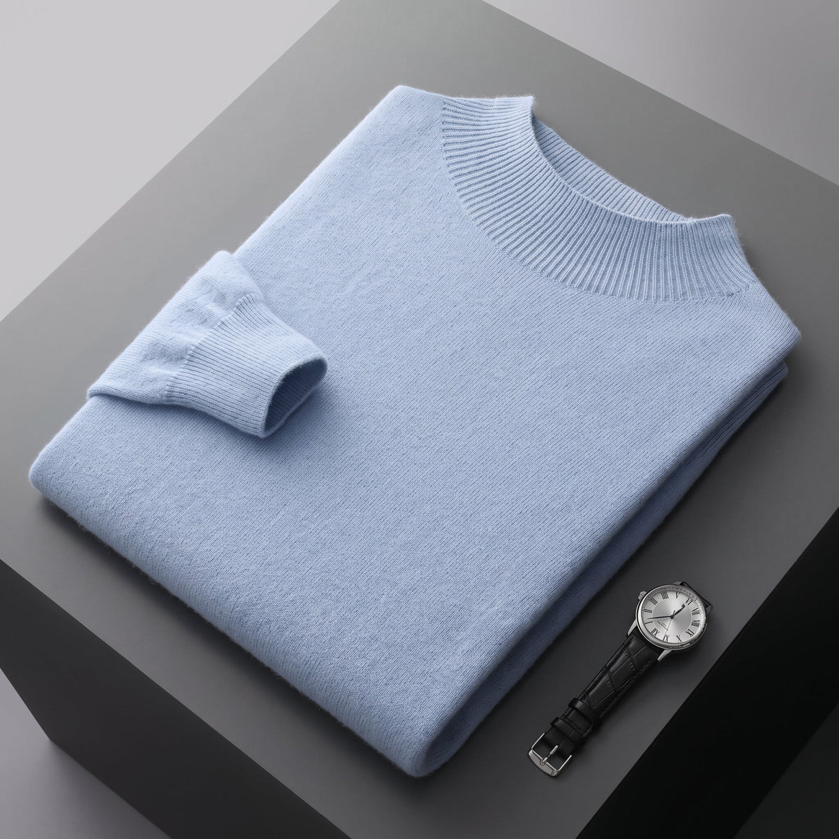 James - Men's Mock Neck Wool Jumper with Ribbed Cuffs - Sweaters - Sky Blue - Davies & Cooper