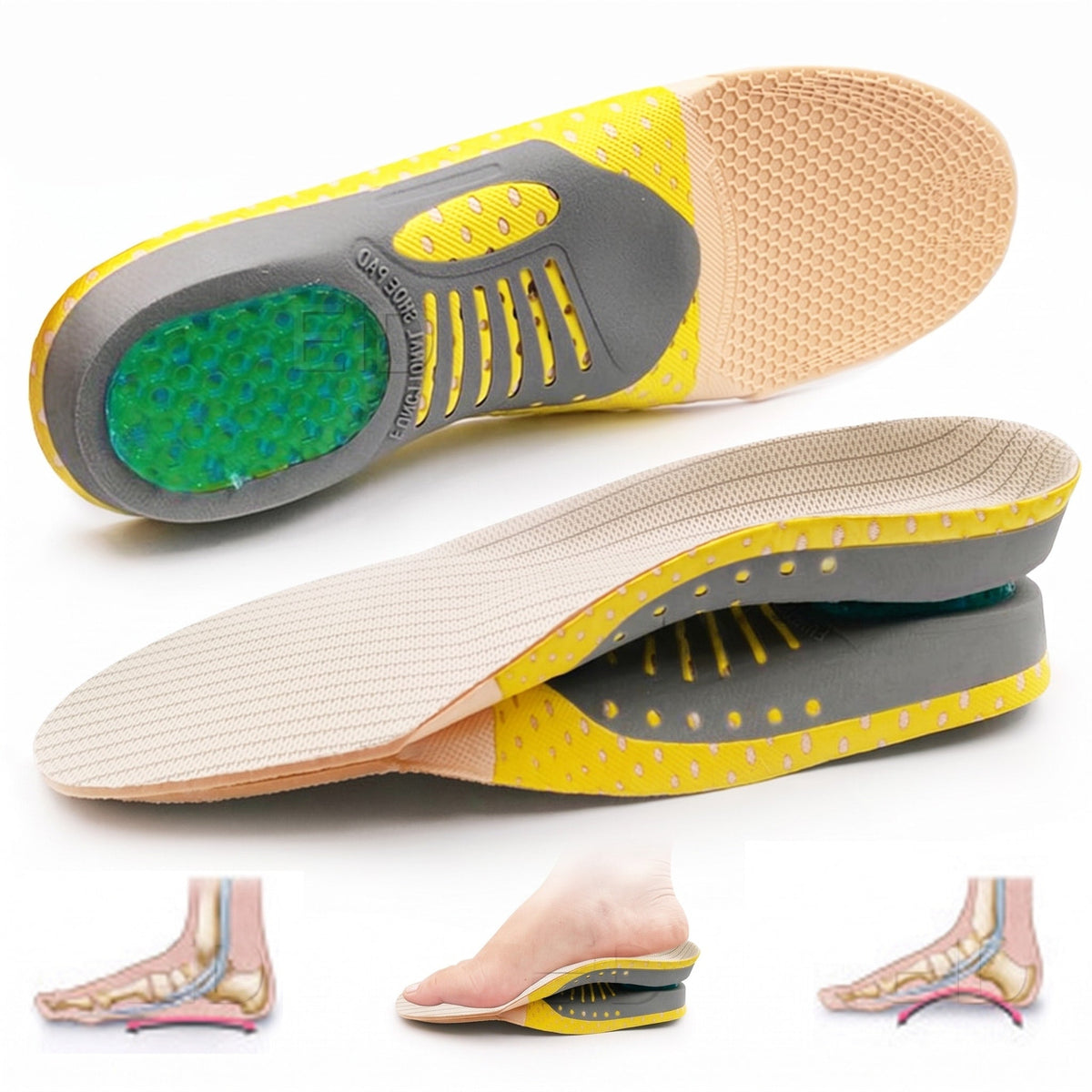 James - Men's Orthopaedic Arch Support Gel Insoles with Shock-Absorbing Heel Cup - Arch Support - Yellow - Davies & Cooper