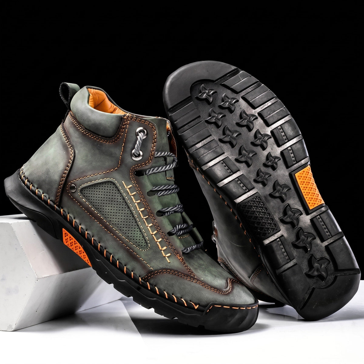 James - Men's Orthopaedic Lace-Up Ankle Boots with Contrast Rubber Sole - Green - Davies & Cooper