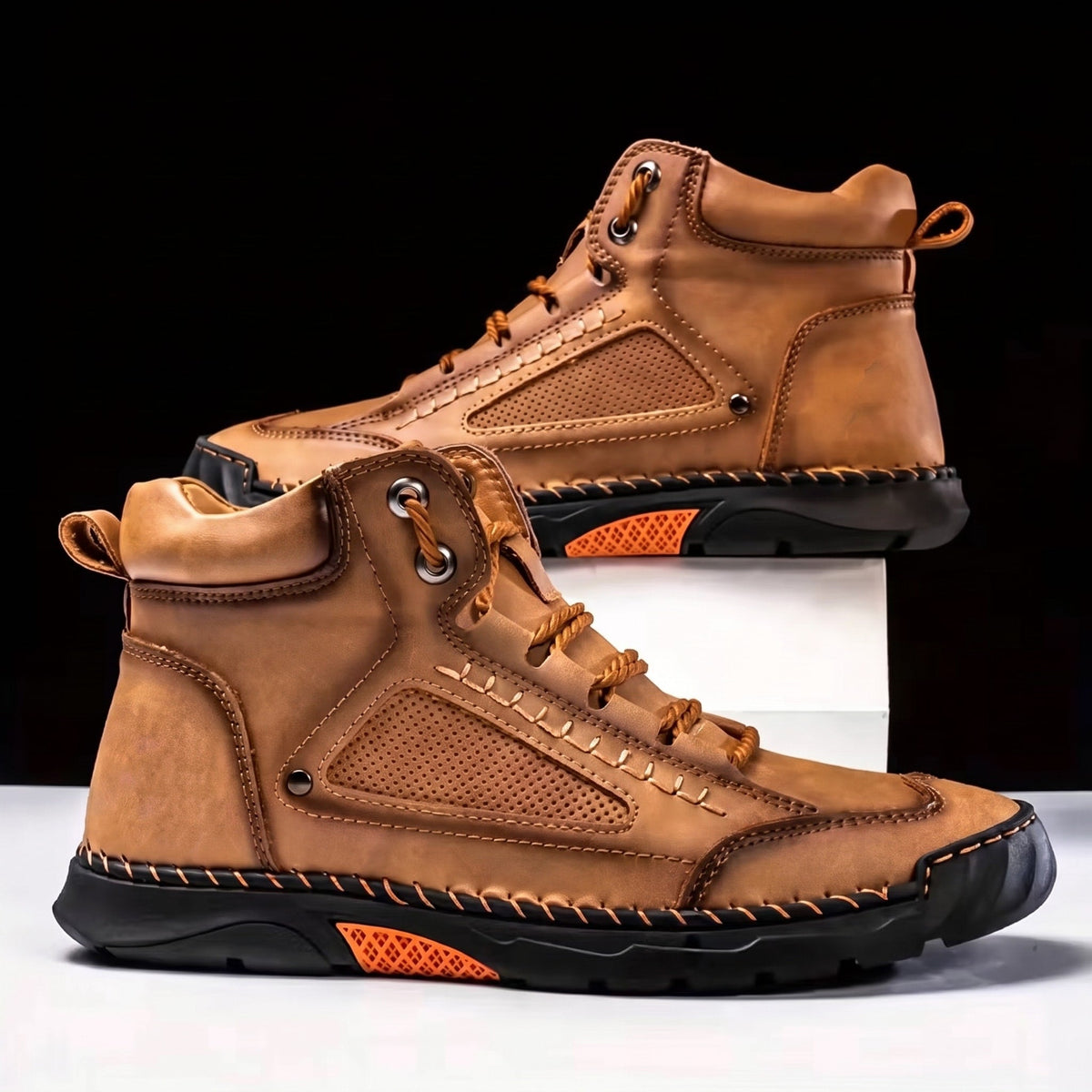 James - Men's Orthopaedic Lace-Up Ankle Boots with Contrast Rubber Sole - Camel - Davies & Cooper