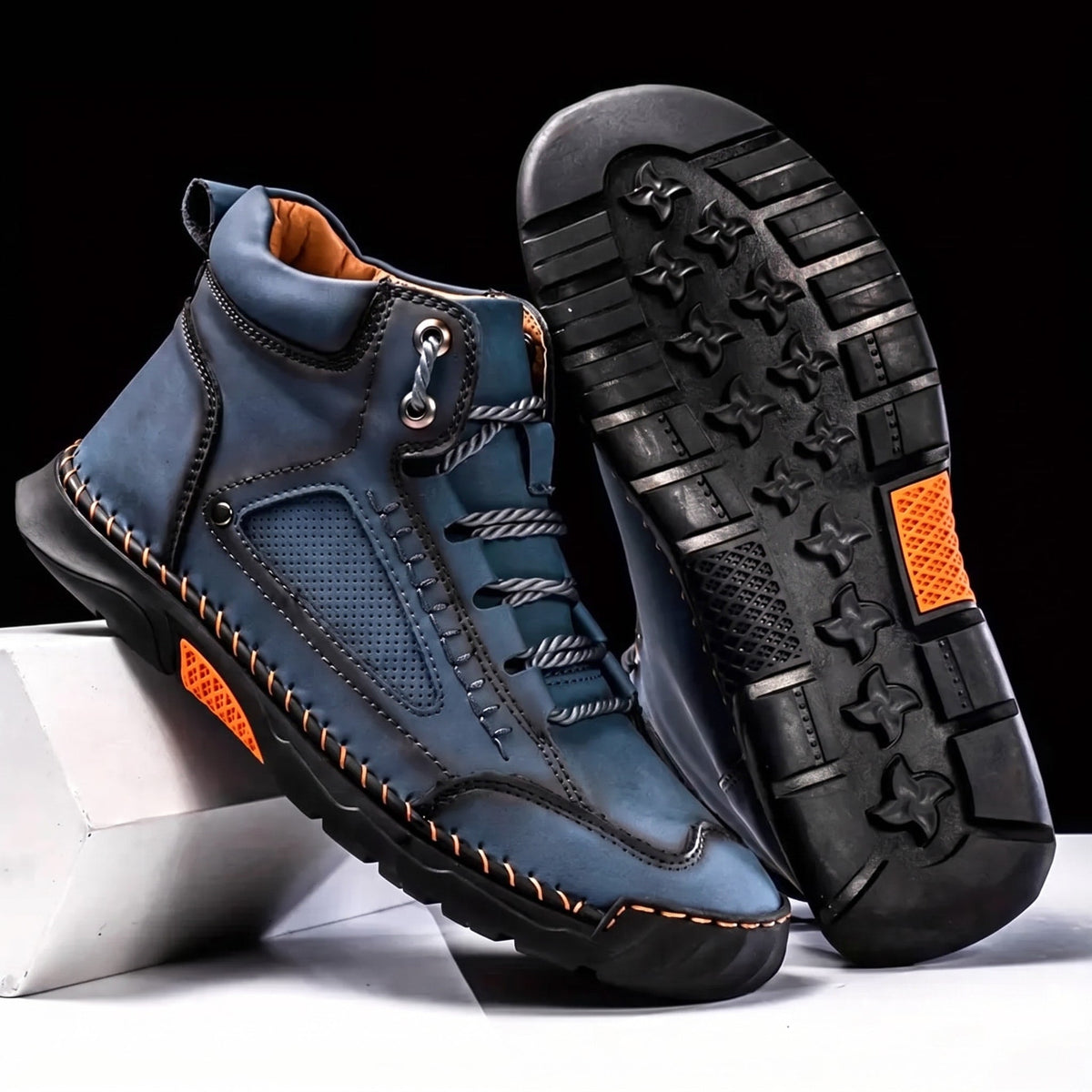 James - Men's Orthopaedic Lace-Up Ankle Boots with Contrast Rubber Sole - Blue - Davies & Cooper