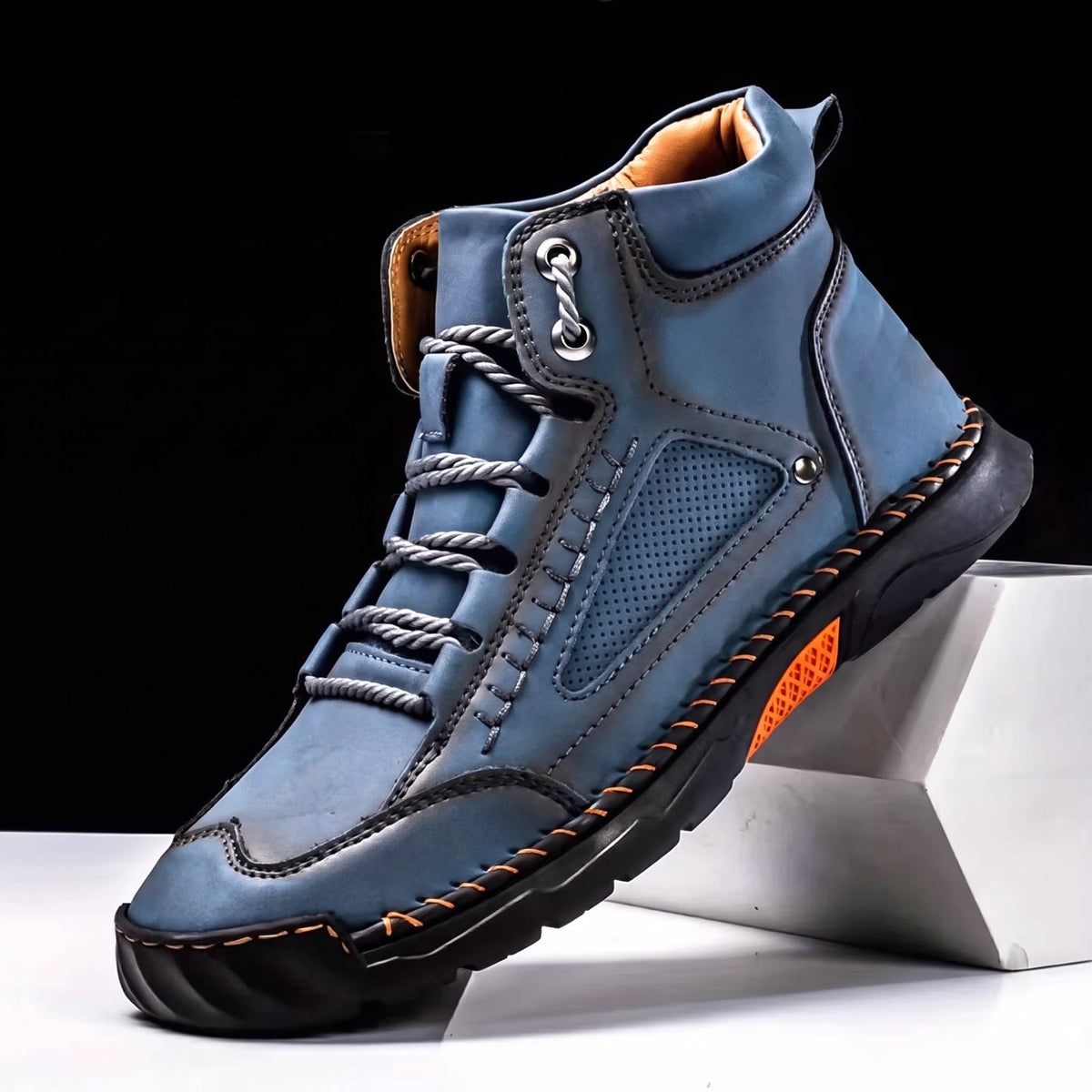 James - Men's Orthopaedic Lace-Up Ankle Boots with Contrast Rubber Sole - Blue - Davies & Cooper
