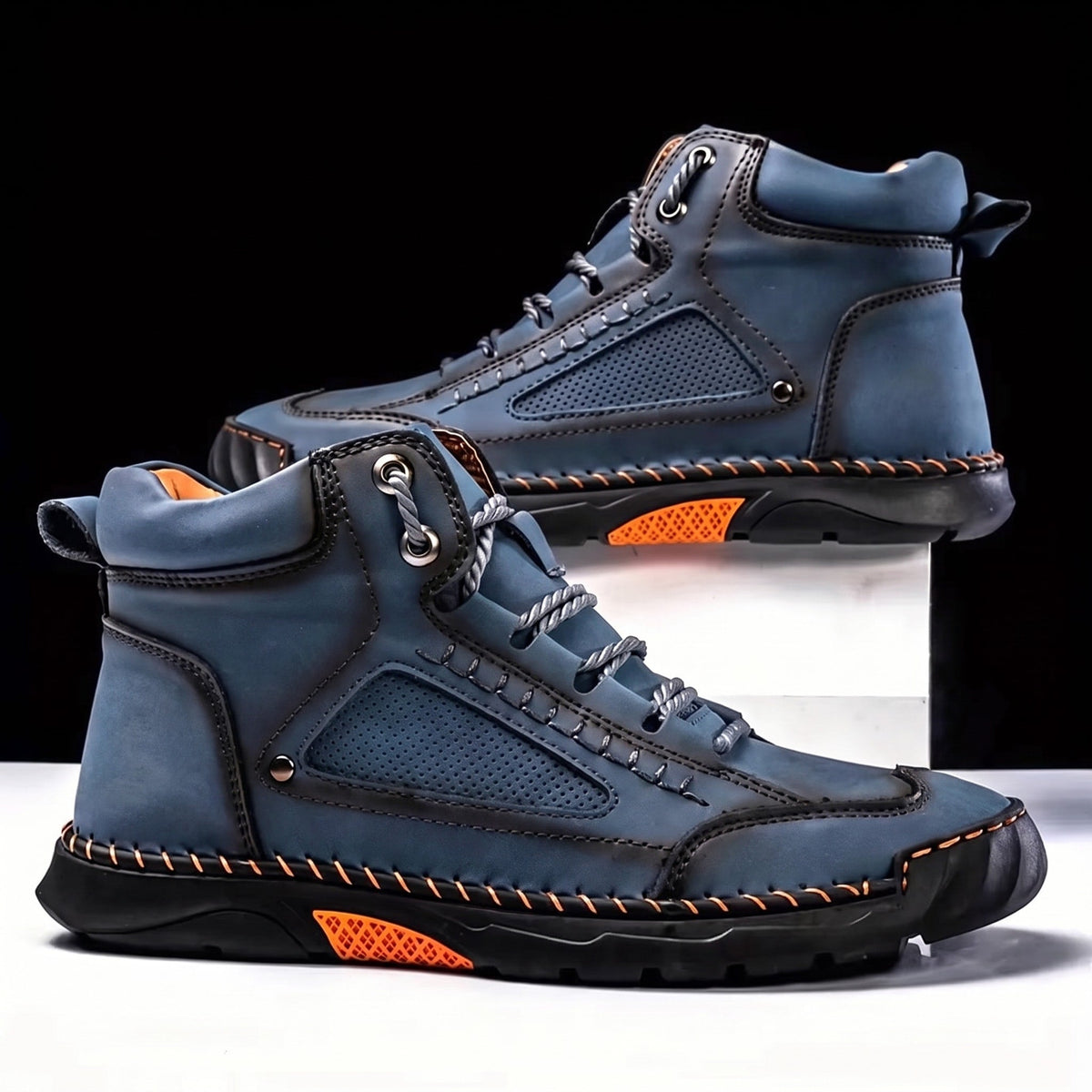 James - Men's Orthopaedic Lace-Up Ankle Boots with Contrast Rubber Sole - Blue - Davies & Cooper