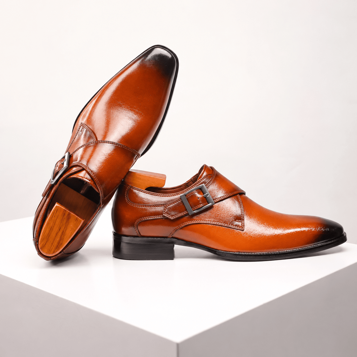 James - Men's Pointed Toe Monk Strap Dress Shoes with Buckle Strap - Shoes - Brown - Davies & Cooper