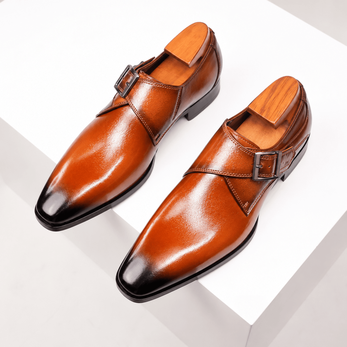 James - Men's Pointed Toe Monk Strap Dress Shoes with Buckle Strap - Shoes - Brown - Davies & Cooper