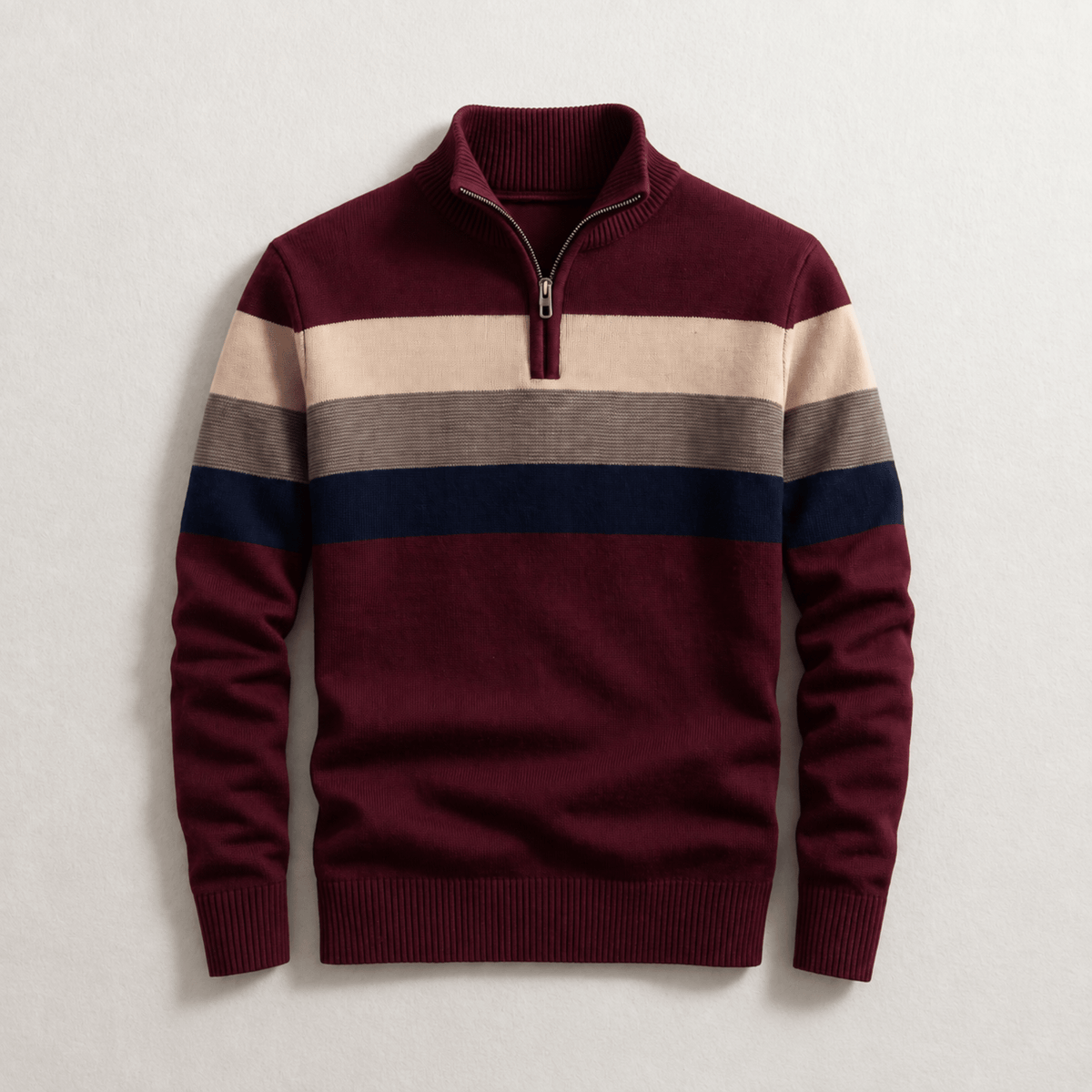 James - Men's Quarter-Zip Colour-Block Knitted Jumper - Sweaters - Maroon - Davies & Cooper