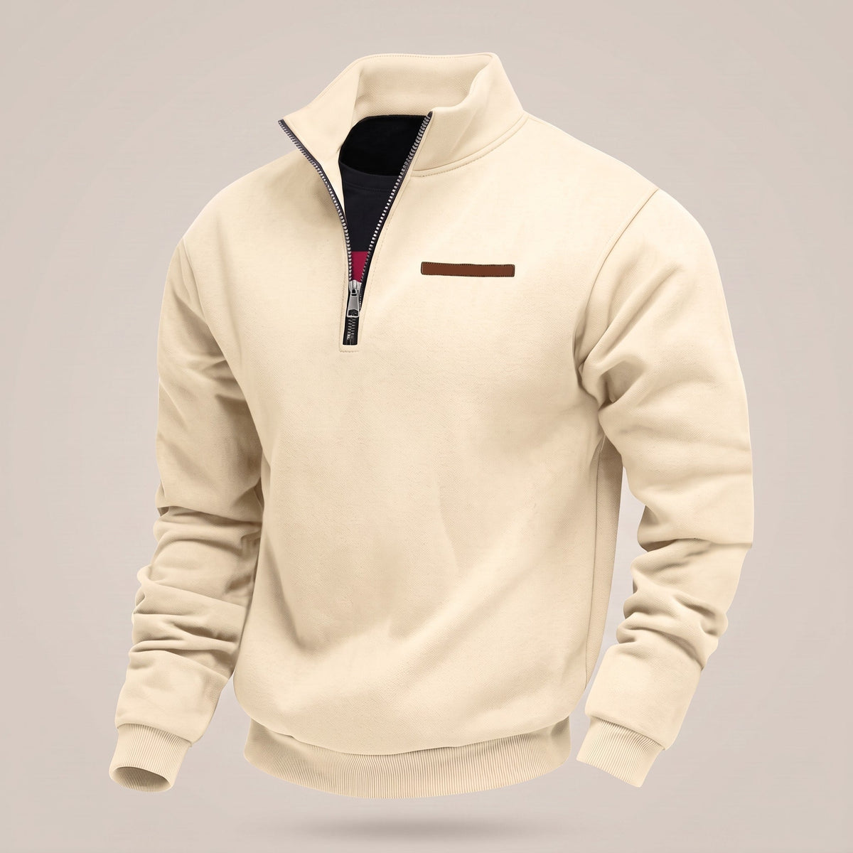 James - Men's Quarter-Zip Fleece Sweatshirt with Faux Trim - Sweatshirts - Beige - Davies & Cooper