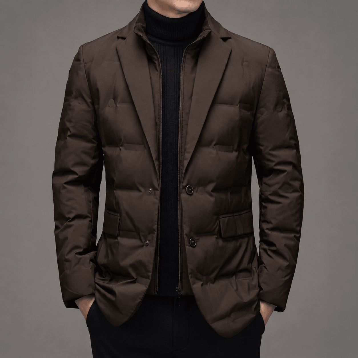 James - Men's Quilted Puffer Jacket with Notch Lapel - Puffer Jackets - Brown - Davies & Cooper
