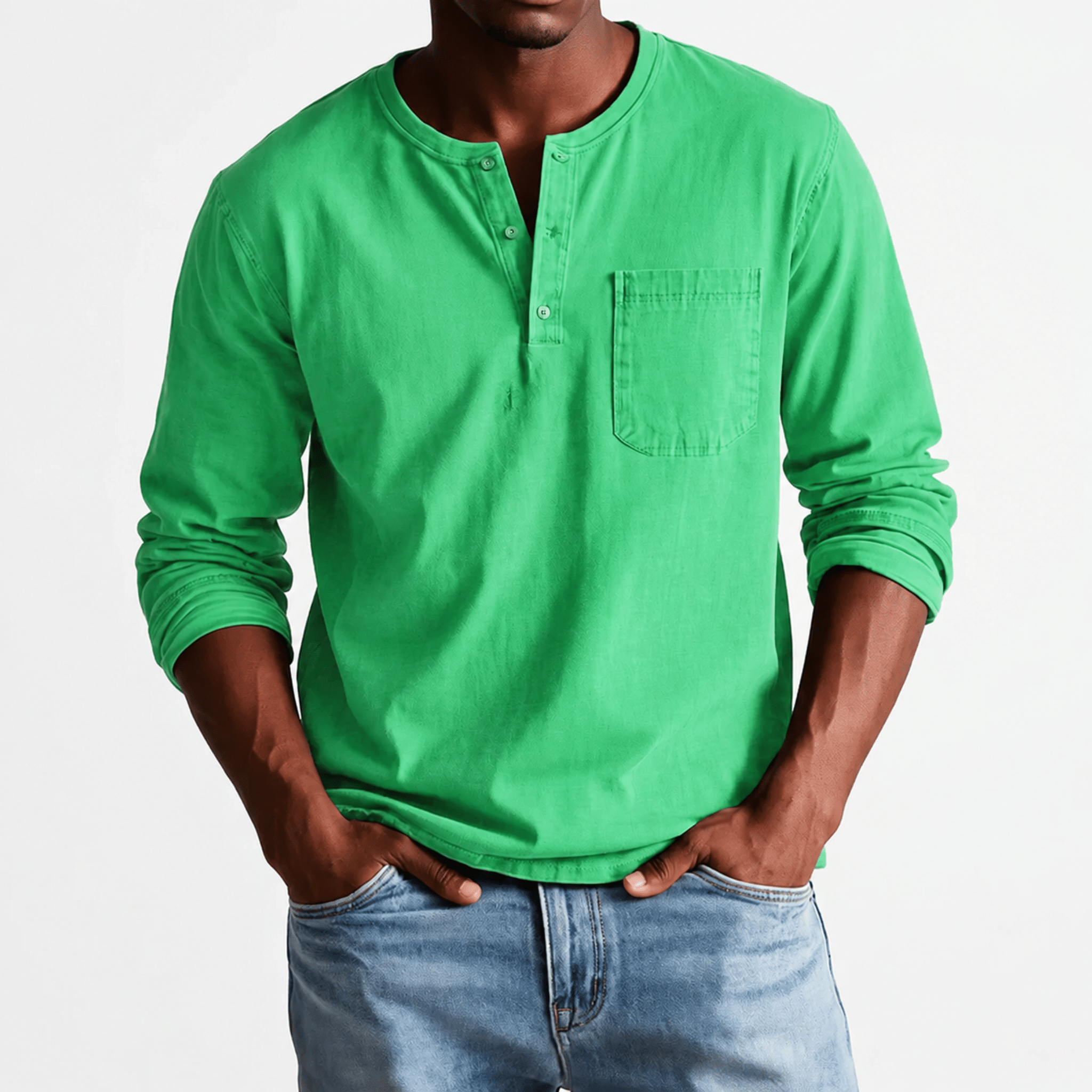 James - Men's Relaxed Fit Henley T-Shirt with Chest Pocket - Henley Shirts - Green - Davies & Cooper